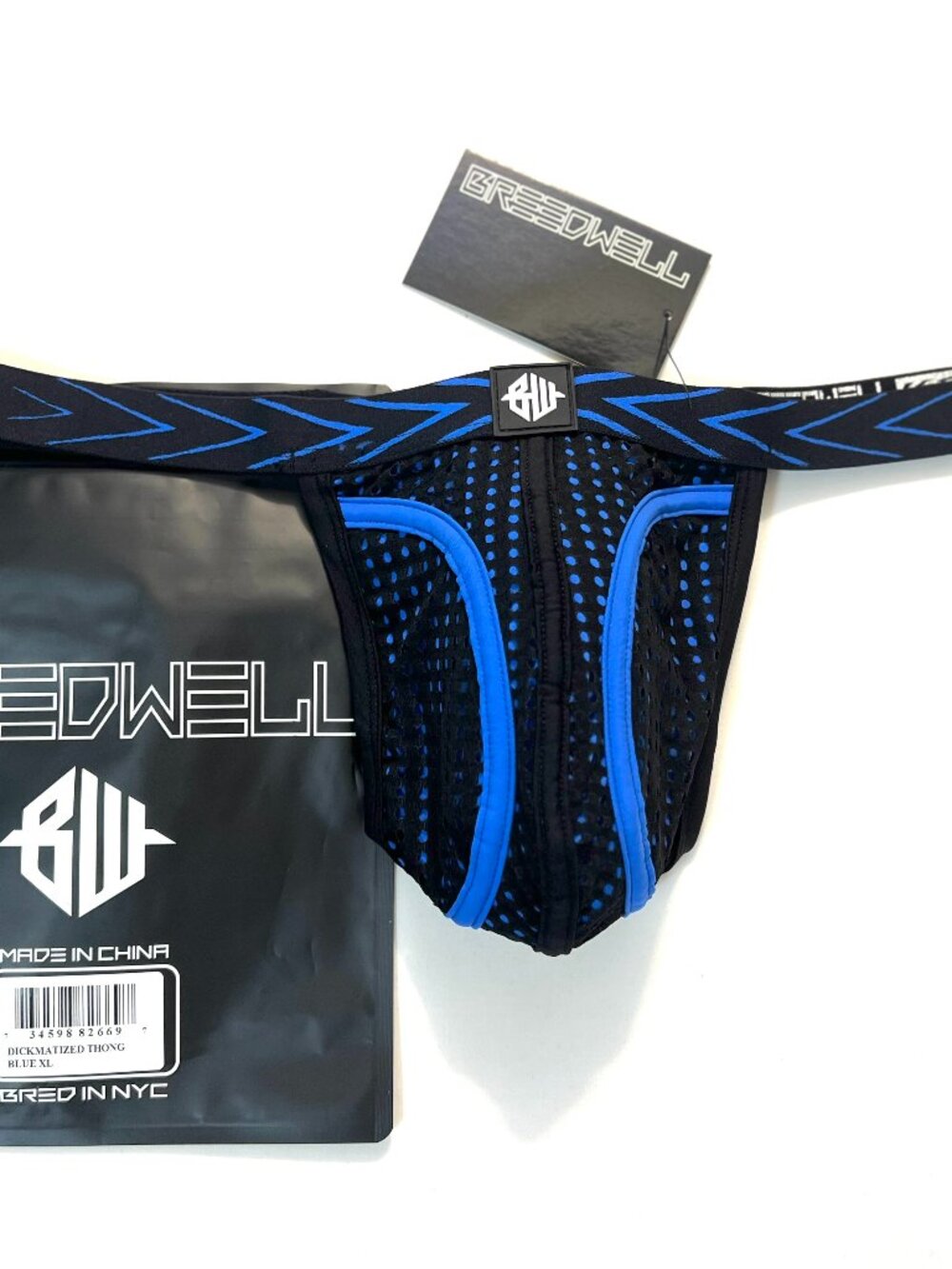BREEDWELL Size "M" Nylon Blend Dickmatized T-Back Thong - Black/Blue/White